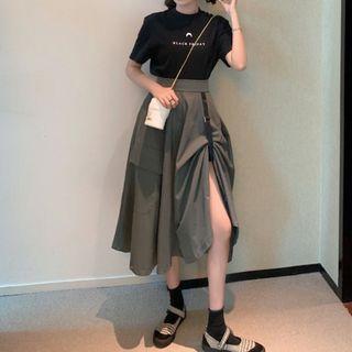 Short-sleeve Letter T-shirt / Asymmetric A-line Midi Skirt