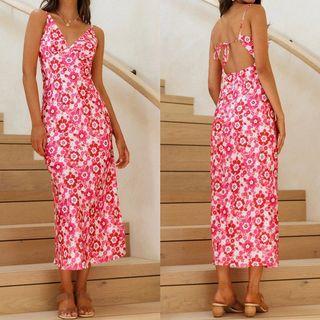 Spaghetti Strap Floral Open Back Midi Sheath Dress
