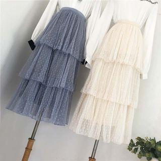 Polka Dot Mesh Overlay Midi Tiered Skirt