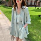 Set: Double-breasted Blazer + Lace Trim Camisole Top + Shorts