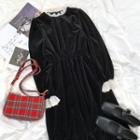 Long-sleeve Lace Trim Velvet Midi Dress Dress - One Size