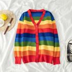 Rainbow Striped V-neck Knit Cardigan As Shown In Figure - One Size