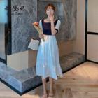 Puff-sleeve Square-neck Paneled Midi A-line Dress