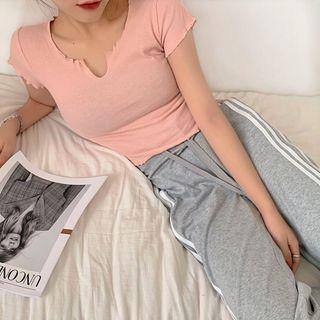 Set: Drawstring V-neck Cropped Top + Two Tone Loose-fit Sport Pants
