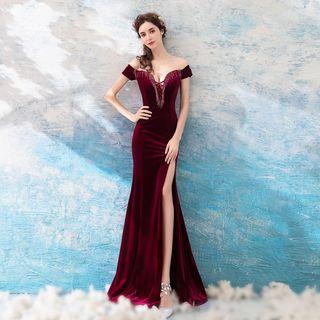 Short-sleeve Beaded Fringe Velvet Mermaid Evening Gown