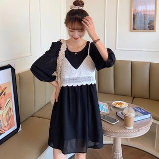 Balloon-sleeve Mini A-line Dress / Cropped Camisole Top