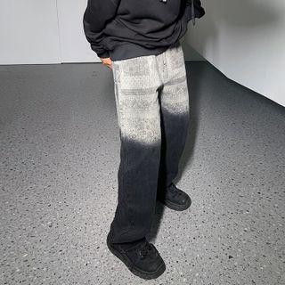 High-waist Two Tone Printed Straight-cut Jeans