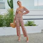 Long-sleeve Leopard Print Cutout Jumpsuit