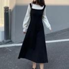 Long-sleeve Mock Two-piece Midi Knit Dress Black & White - One Size