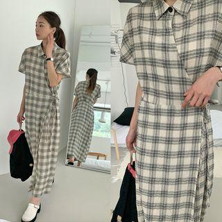 Surplice-wrap Plaid Long Shirtdress