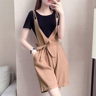 Set: Short-sleeve T-shirt + Wide-leg Suspender Shorts