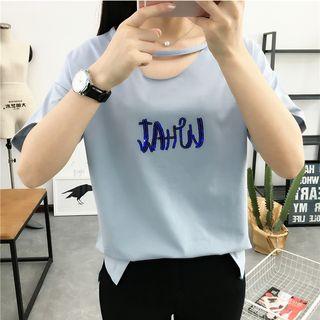 Sequin Lettering Cutout Short-sleeve T-shirt