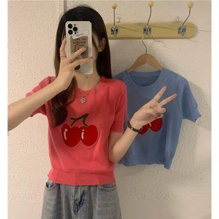 Cherry Embroidered Knit Crop Top