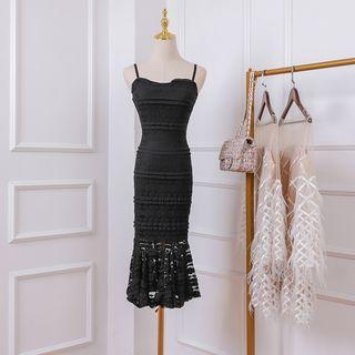 Lace Ruffle Hem Spaghetti Strap Midi Sheath Dress