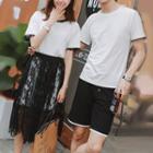 Couple Matching Contrast Trim Short-sleeve T-shirt / Contrast Trim Shorts / Set: Lace Trim Short-sleeve T-shirt Dress + Lace Skirt