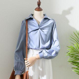 Lantern-sleeve V-neck Plain Knotted Shirt