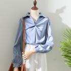 Lantern-sleeve V-neck Plain Knotted Shirt