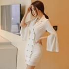 Pinstriped Bell-sleeve Double-breasted Sheath Dress