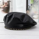 Star Studded Faux Leather Beret Hat Black - One Size