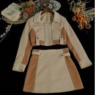 Two-tone Cropped Zip Jacket / Mini A-line Skirt