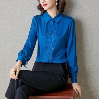 Long-sleeve Lace-trim Plain Shirt