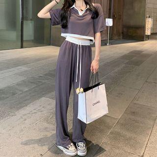 Elbow-sleeve V-neck Polo Shirt / Sweatpants