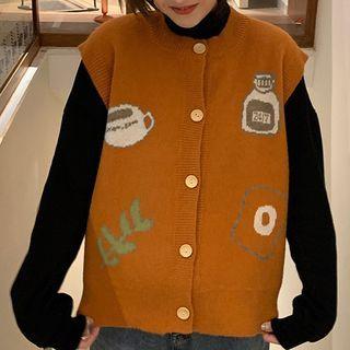 Printed Button-up Sweater Vest Orange - One Size