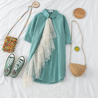 Mesh Panel Short-sleeve Check Shirt Green - One Size