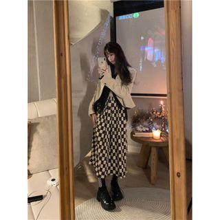 Long-sleeve Blouse / Jacket / Checkerboard Midi A-line Skirt