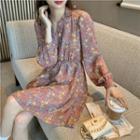 V-neck Frill Trim Floral Print Chiffon Dress