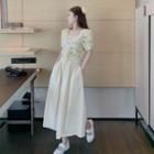 Floral Print Puff-sleeve Blouse / Midi A-line Skirt