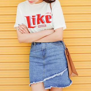 Set: Short-sleeve T-shirt + Asymmetric Denim Pencil Skirt