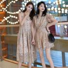 Short-sleeve Sequin Playsuit / Spaghetti-strap Sequin Dress