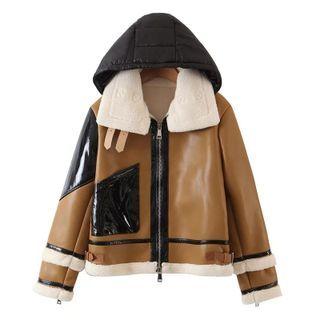 Hooded Fleece-lined Faux Leather Zip Jacket