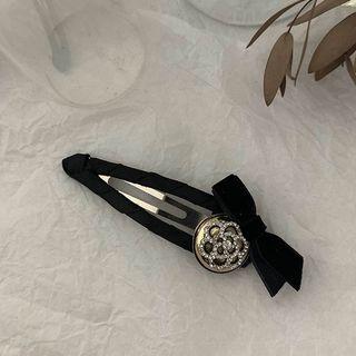 Flower Rhinestone Ribbon Hair Clip Black - One Size