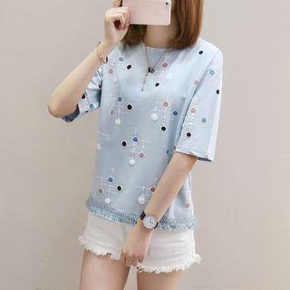 Elbow-sleeve Polka Dot Fringed T-shirt