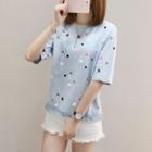 Elbow-sleeve Polka Dot Fringed T-shirt
