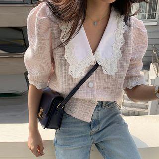 Short-sleeve Collar Tweed Blouse