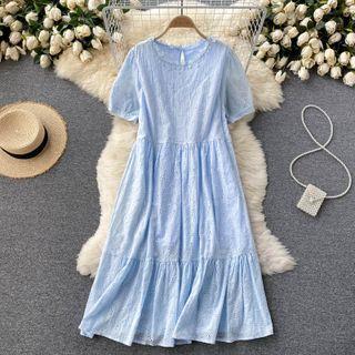 Flower Trim Round-neck Puff-sleeve Dress