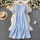 Flower Trim Round-neck Puff-sleeve Dress