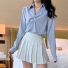 Long-sleeve Open-collar Twist-front Silky Shirt