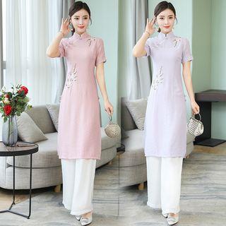 Set: Short-sleeve Embroidered Long Hanfu Top + Plain Wide Leg Pants