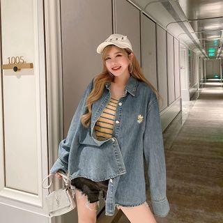 Floral Embroidery Denim Shirt Jacket Blue - One Size