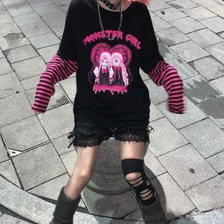 Mock Two-piece Long-sleeve Graphic Print T-shirt Black - One Size
