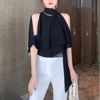 Elbow-sleeve Cold Shoulder Mesh Blouse