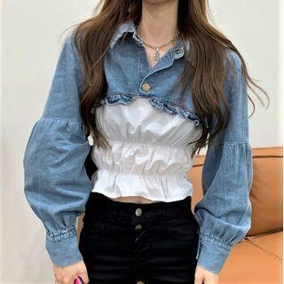 Puff-sleeve Denim Panel Blouse Denim Blue & White - One Size