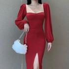 Slit-front Square Collar Sheath Dress