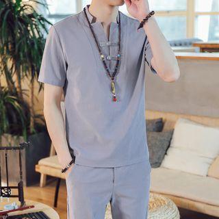 Set: Short-sleeve Frog-button T-shirt + Straight Leg Pants