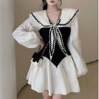 Puff-sleeve Tie-neck Paneled A-line Dress