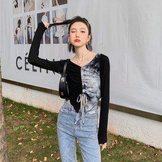 Long-sleeve Tie-dyed Drawstring Paneled T-shirt Black - One Size